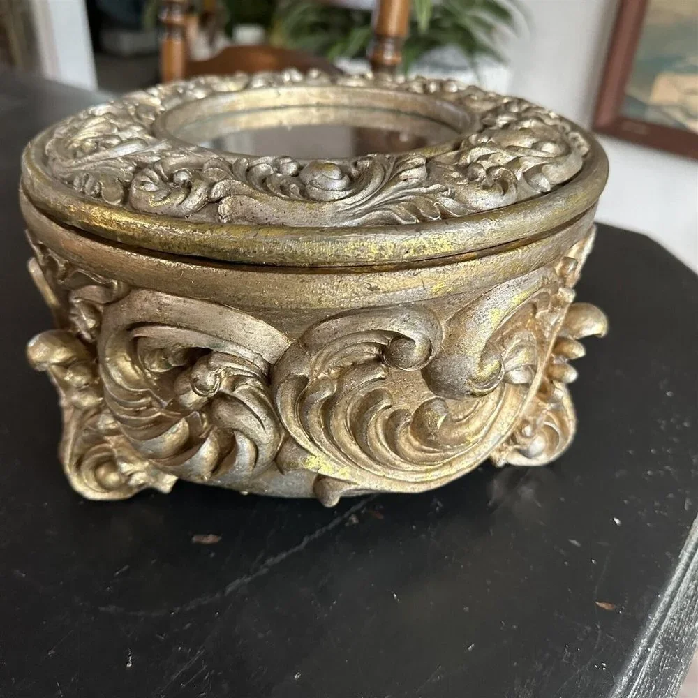 Jewelry Trinket Box Vanity Box Art Nouveau Style Resin Repousse Footed Lined